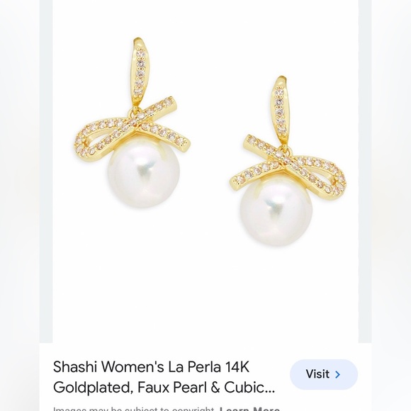 SHASHI Small Faux Pave Goldplated Ribbon Bow Pearl Drop Jewelry Earrings - Picture 8 of 16